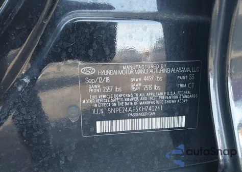 2019 Hyundai Sonata Se z USA, uszkodzony, nr VIN 5NPE24AF5KH740241
